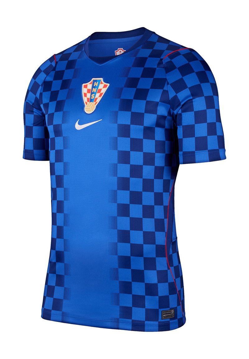 Camiseta de fútbol azul de manga corta con patrón de cuadros en azul oscuro, escudo de la selección nacional de Croacia y un logo blanco de Nike en el pecho.