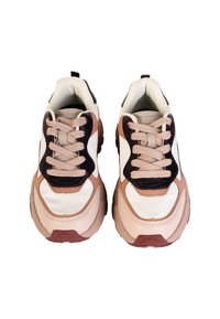 Sneakers met een mix van beige, wit en marineblauw materiaal, met een chunky zool en veters, een gladde textuur en een ronde neus.