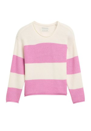 Maglione a righe rosa e bianche, trama lavorata a maglia, scollatura tonda, maniche lunghe, orlo a costine, presenta audaci righe alternate.