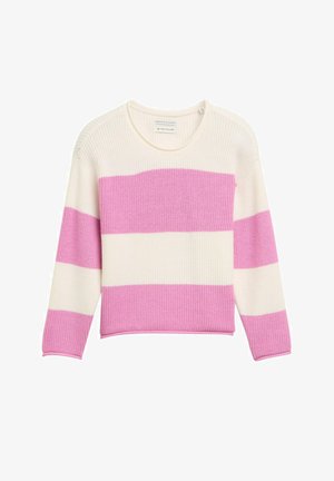 Roze en witte gestreepte trui, gebreide textuur, ronde halslijn, lange mouwen, ribgebreide zoom, met gedurfde afwisselende strepen.