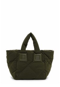 Quilted olive green tote bag with two square leather handles, a soft texture, and diamond pattern stitching.