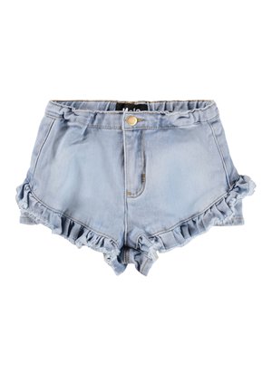 Shorts in denim azzurro con bordi arricciati e chiusura frontale con bottone.