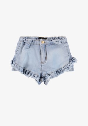 Lyseblå denimshorts med volanger nederst og knappelukking foran.