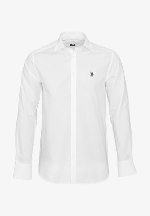 White long-sleeve shirt made of smooth fabric, featuring a button front, pointed collar, and a small silver logo on the left chest.