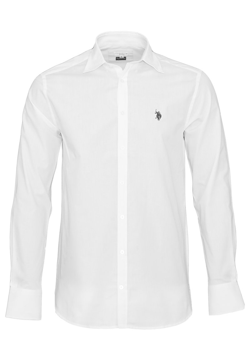 Hvid langærmet skjorte lavet af glat stof, med knapper foran, spids krave og en lille sølvfarvet logo på venstre bryst.