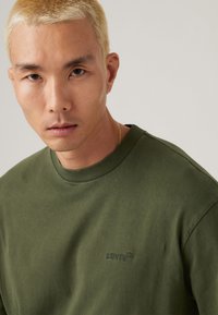 Olijfgroene katoenen T-shirt met ronde hals en korte mouwen, voorzien van een geborduurd Levi's logo in dezelfde kleur op de borst.