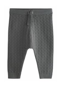 Gray knitted pants featuring a textured checker pattern, elastic waistband with drawstring, and ribbed cuffs at the ankles.