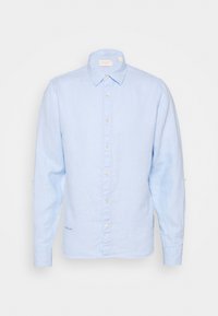 Helles blaues Langarmhemd aus Leinen mit durchgehendem Knopfverschluss, Kragen und Manschetten mit Aufrolltabs. Dezente Stickerei am Saum.