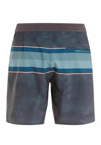 Zwemshorts voor heren in donkergrijs met horizontale teal en blauwe strepen. Voorzien van een ritszak aan de achterkant en een comfortabele elastische tailleband.