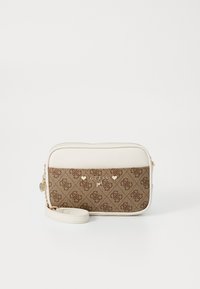 Borsa a tracolla marrone con motivo, dettagli in crema, logo dorato e particolari a forma di cuore, chiusura con zip e tracolla regolabile.