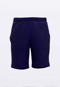 Pantaloncini sportivi blu navy realizzati in tessuto morbido, dotati di una vita elastica, taglio a metà coscia, senza tasche o altri dettagli.