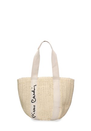 Borsa tote beige intrecciata con ampi manici in tessuto crema, uno dei manici presenta un testo nero in stile calligrafico.