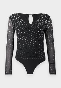 Μαύρο κορμάκι με μακριά μανίκια και V λαιμόκοψη, με διάφανο σχέδιο από δίχτυ διακοσμημένο με ασημένιες στρας και κλείσιμο πίσω με άνοιγμα.