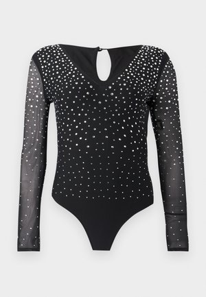 Body nero a maniche lunghe con scollo a V, caratterizzato da un design in rete trasparente decorato con strass argentati e chiusura posteriore a goccia.