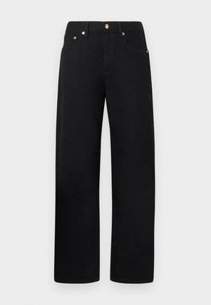 Pantaloni in cotone neri con design a gamba dritta, caratterizzati da hardware dorato e due tasche frontali. Tessuto liscio e vestibilità classica.