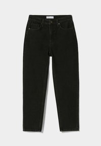 Jeans de mezclilla negra con un diseño de pierna recta, cinco bolsillos, cierre de botón superior y un sutil detalle de costura. La tela parece duradera y con textura.