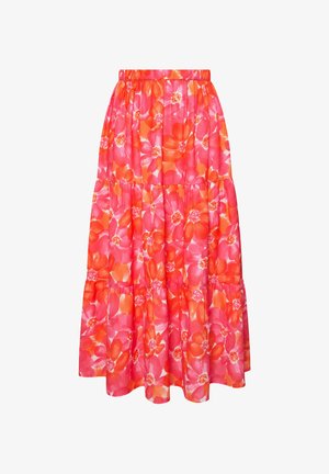 Blomster maxi skirt med lagdelt design, der har store pink og orange blomster på en lys baggrund, elastisk talje og letvægtsstof.