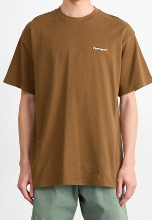Brown cotton short-sleeve t-shirt with a crew neck, featuring a small white logo on the left chest area. Smooth texture, relaxed fit.