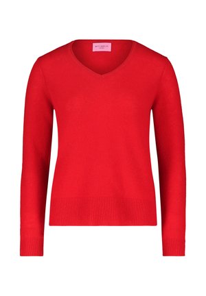 Roter Strickpullover mit V-Ausschnitt, langen Ärmeln und geripptem Saum. Glatte Textur, lässiges Design und leichtes Material.