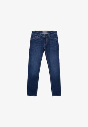 Donkerblauwe denim jeans met een recht model, voorzien van twee voorzakken, een achterzak en een knoopsluiting aan de voorkant.