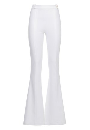 Pantaloni bianchi a vita alta con gambe svasate e chiusura laterale con zip, mostrati su uno sfondo bianco semplice.