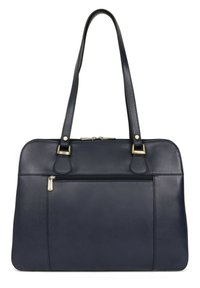 Borsa a mano in pelle blu navy con due manici piatti, chiusura con zip superiore e tasca frontale con zip. Texture liscia con dettagli in hardware dorato.