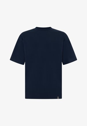 Marineblaues Baumwoll-T-Shirt mit rundem Ausschnitt, kurzen Ärmeln, lockerem Schnitt und kleinem Logotag an der unteren linken Naht.