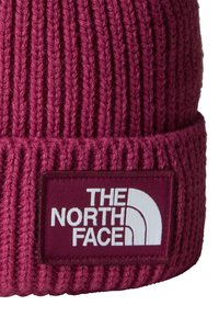 Bordowa dzianinowa czapka z włóczki o prążkowanej strukturze i podwiniętym mankietem. Posiada prostokątną metkę z białym napisem logo oraz zakrzywioną grafiką.