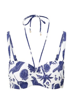 Modrý a bílý vzorovaný horní díl bikin s nastavitelnými šňůrkami na zavazování, zdobený různými mořskými motivy a s nařasenými detaily.