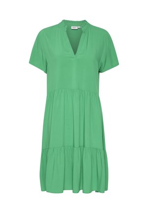 Grünes knie-langes Kleid aus weichem Stoff, mit V-Ausschnitt, kurzen Ärmeln und einem gestuften Rüschensaum. Gerade Silhouette mit raffinierten Akzenten.