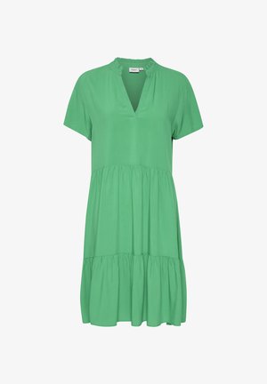 Zelené šaty po kolená vyrobené z mäkkého materiálu, s výstrihom do V, krátkymi rukávmi a tiered volánovým lemom. Priame silueta s nazhromaždenými akcentami.