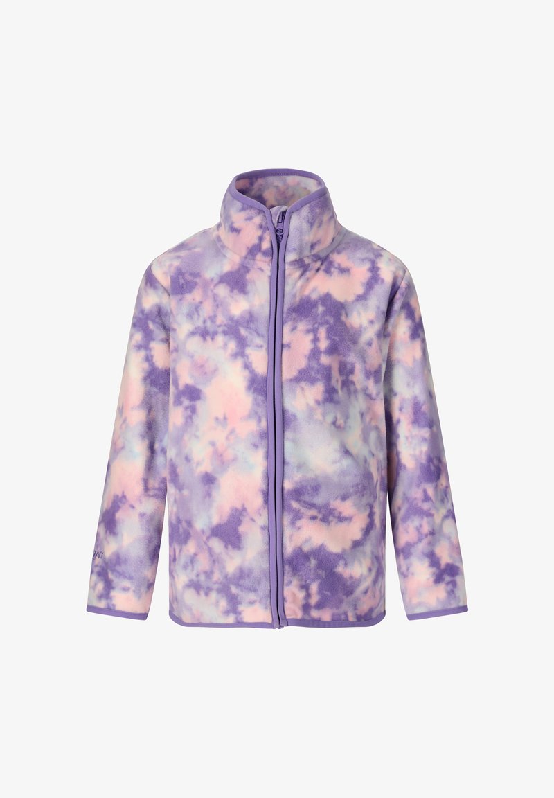 Full-zip fleece jacket with high collar in tie-dye pattern of purple, pink, and white hues.