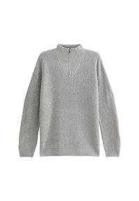 Suéter de punto gris con cuello de cremallera, corte oversized, mangas amplias y textura acanalada. Presenta un diseño de escote abierto distintivo.