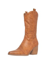 Botas de cowboy de imitación cuero marrón con punta afilada y tacón recto. Presenta un bordado decorativo y lengüetas en la parte superior del caña.