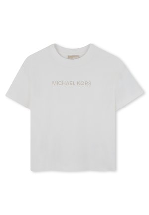 T-shirt blanc court en coton, avec manches courtes et col rond. Présente le logo "MICHAEL KORS" en clous métalliques.