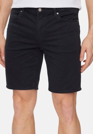 Shorts en coton noir à coupe droite, dotés d'une fermeture à bouton, de passants de ceinture et de poches latérales. Le tissu a une texture lisse.