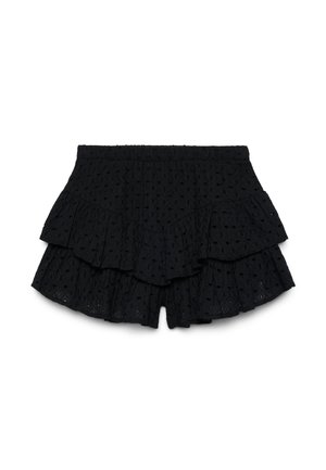 Black high-waist shorts with eyelet fabric, ruffled layered hem, and elastic waistband, designed for casual wear.