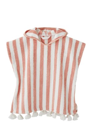 Hooded terrycloth poncho with vertical pink and white stripes and white tassels along the bottom edge.