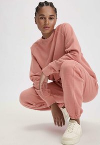Felpa rosa chiaro e pantaloni jogger abbinati realizzati in morbido tessuto di pile. Presenta polsini a coste, vestibilità comoda e design con colletto a girocollo. Sneakers bianche.