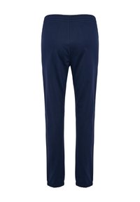 Marineblå bomulds joggers med elastisk talje, tapered ben og elastiske manchetter ved sømmene. Glat tekstur, enkel design.