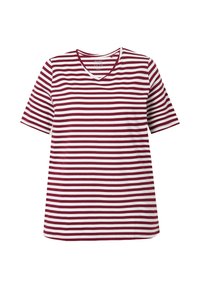 Rood en wit gestreept t-shirt met korte mouwen en een v-hals, gemaakt van zachte stof, met horizontale lijnen en een losse pasvorm.