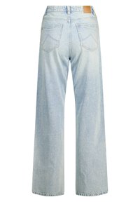 Light blue high-waisted jeans with wide legs, featuring large back pockets and a leather brand tag at the waistband. Faded denim texture.