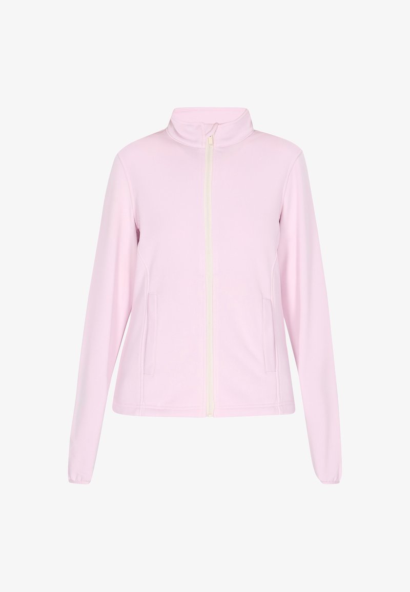 Világos rózsaszín zipzáras dzseki magas gallérral, puha tapintással, hosszú ujjal és két oldalsó zsebbel. Bőrszíj zippel rendelkezik.