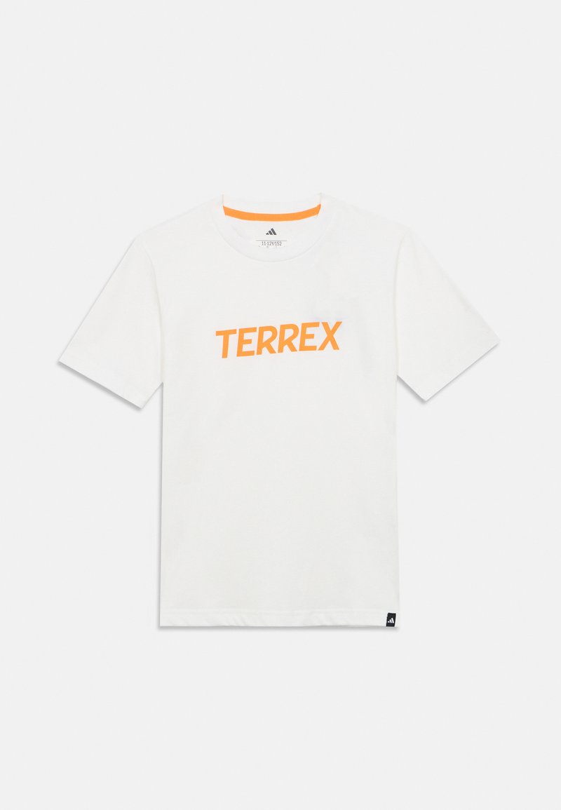 Λευκό βαμβακερό T-shirt με κοντά μανίκια, διακοσμημένο με πορτοκαλί λογότυπο "TERREX" στο κέντρο και πορτοκαλί λεπτομέρεια στο γιακά.