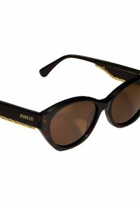 Cat-eye zonnebril met een donker schildpad kunststof montuur, bruine glazen en gouden patroonaccenten op de poot. Merkennaam "PURELEI" zichtbaar.