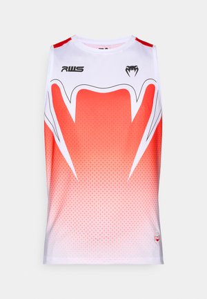 Sleeveless athletic shirt in white and gradient red, featuring a geometric pattern, a round neckline, and brand logos on the front.