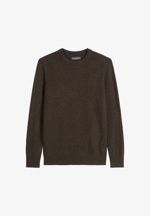 Pull en laine marron avec un col ras du cou, des poignets côtelés et un ourlet. Design simple avec une texture douce et sans motifs ni embellissements visibles.