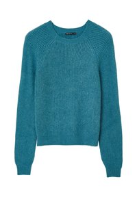 Maglione a girocollo blu verde in maglia, con maniche lunghe e polsini e bordo a coste, steso su uno sfondo bianco.