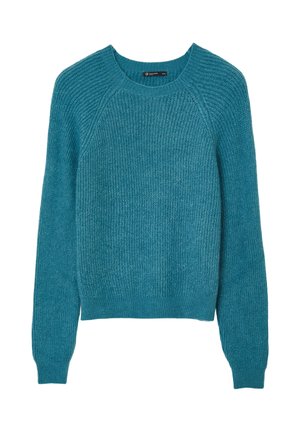Maglione a girocollo blu verde in maglia, con maniche lunghe e polsini e bordo a coste, steso su uno sfondo bianco.