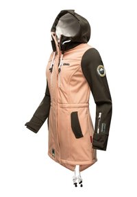 Peach and olive green jacket with a hood, featuring zippered pockets, adjustable drawstrings, and a logo patch on the sleeve.